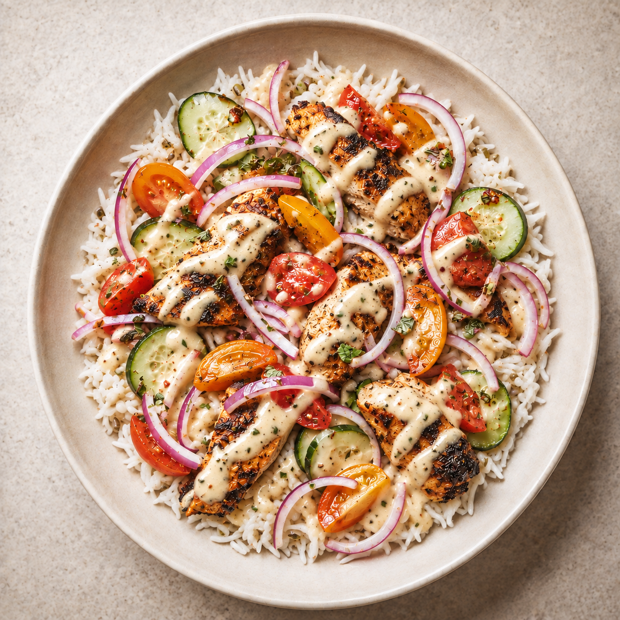 Poulet Épicé, Riz & Salade Méditerranéenne